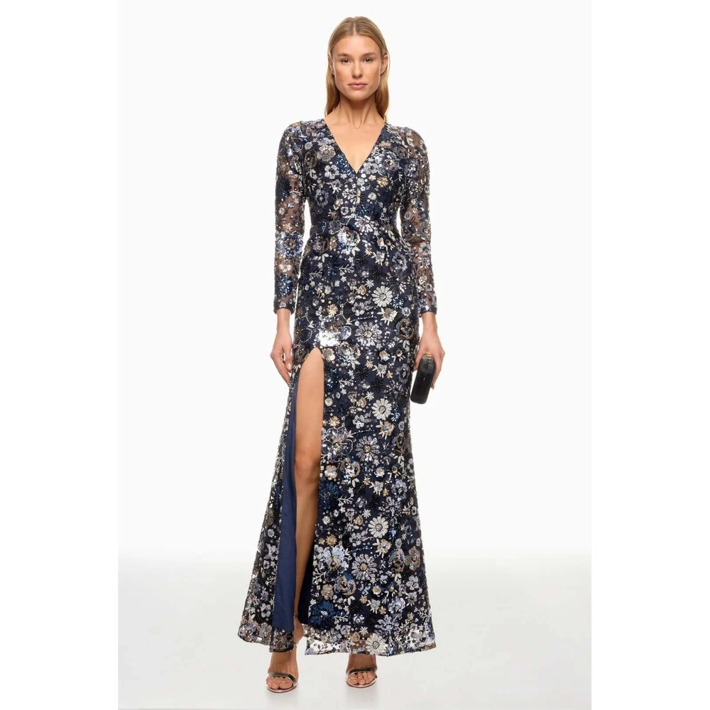 Dress The Population Alessandra Gown Floral Sequin Long Sleeve High Slit Size S